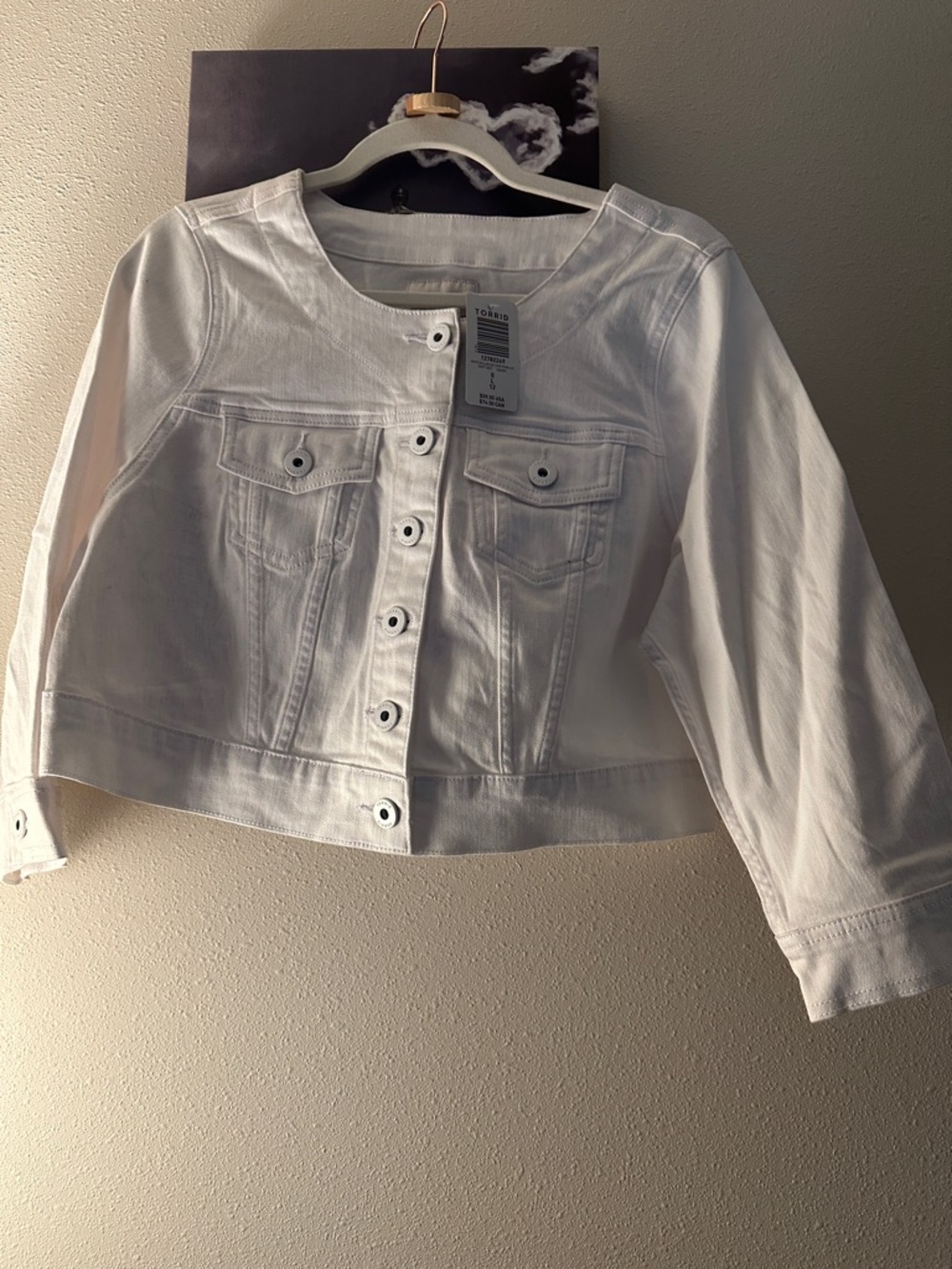 torrid White Cropped Jean Jacket with Round Neck